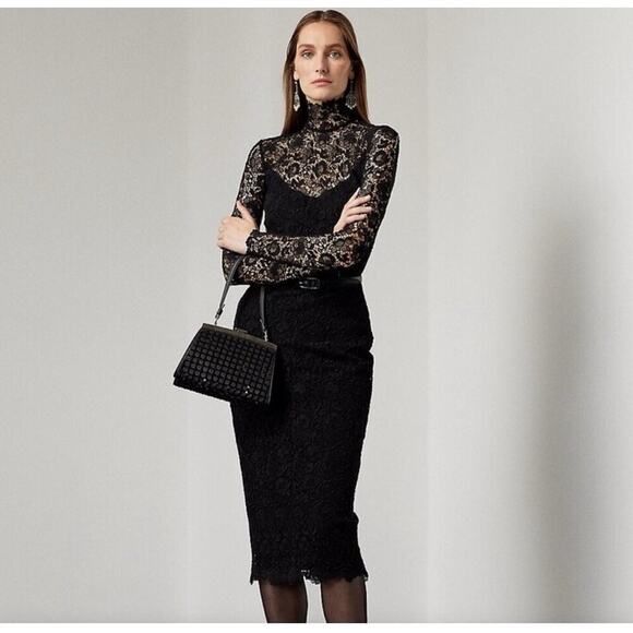 Ralph Lauren Collection Liesel Lace Turtleneck Illusion Midi Dress 6 S Cocktail - Picture 1 of 13